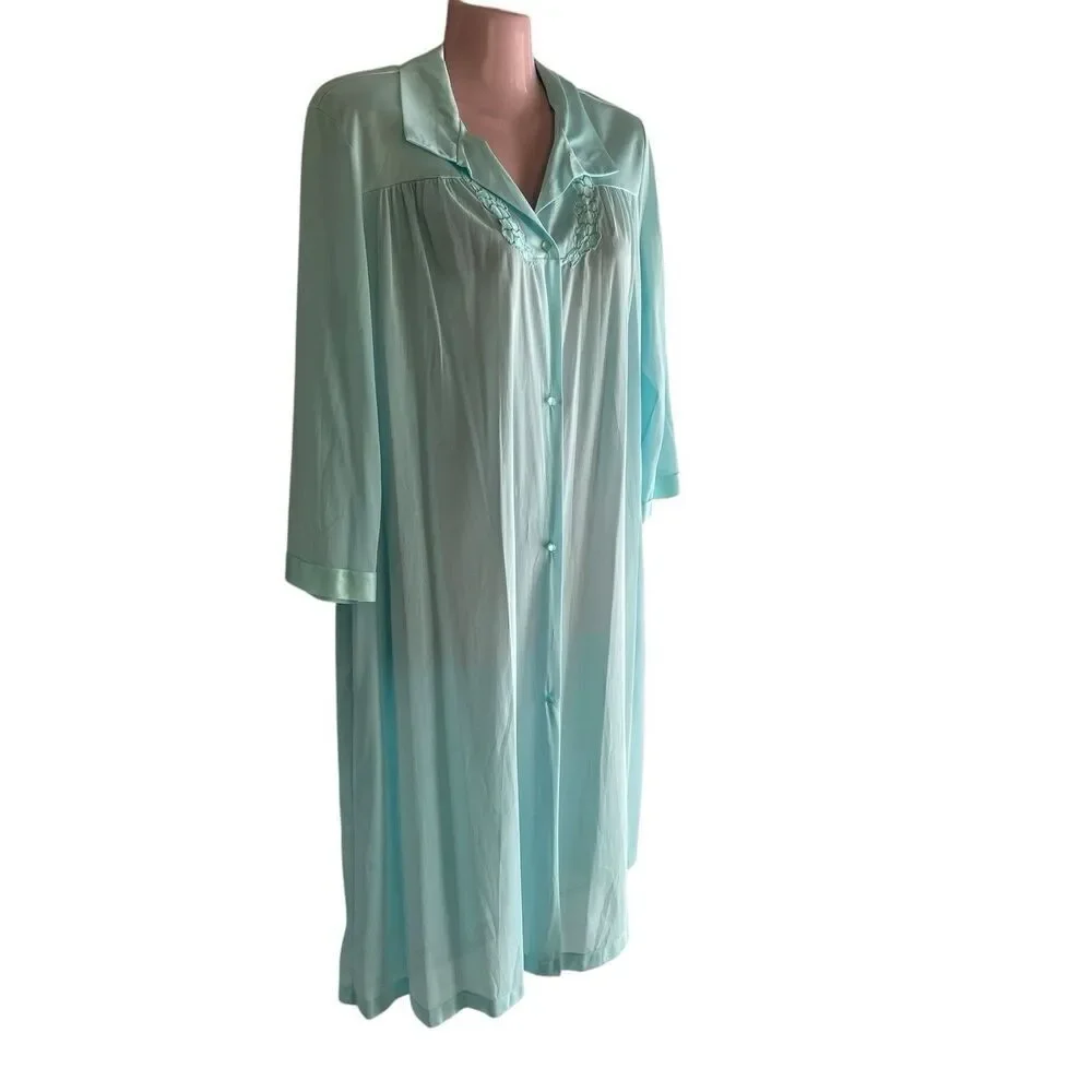 Vintage Vanity Fair Robe Women's Size Medium Dressing Gown Aqua Button Front